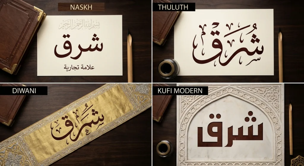 Arabic brand name shown in Naskh, Thuluth, Diwani, and Kufi Modern for logo comparison.