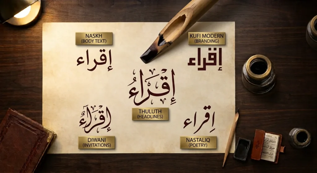 Arabic font styles compared by best use in design projects.