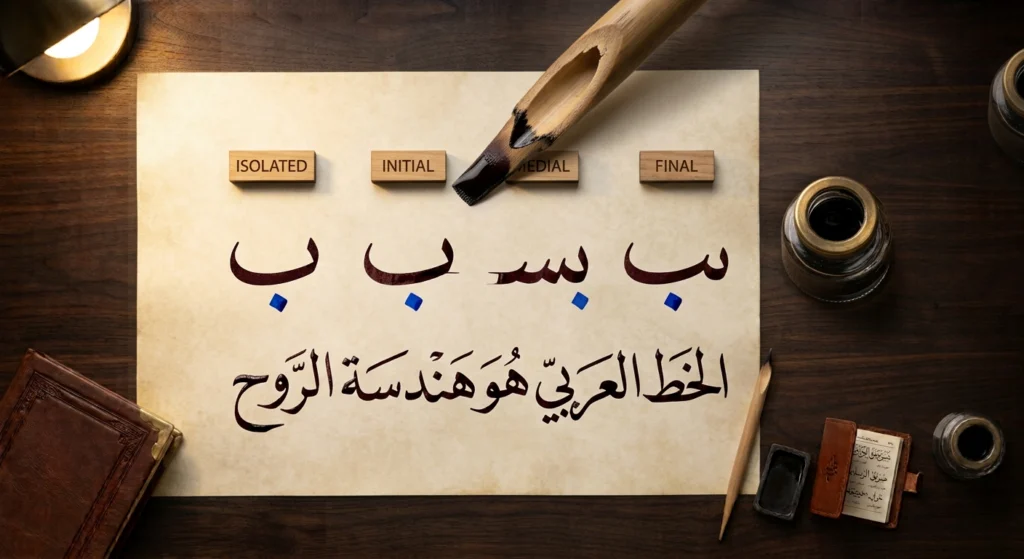The Arabic letter ba shown in isolated, initial, medial, and final forms.