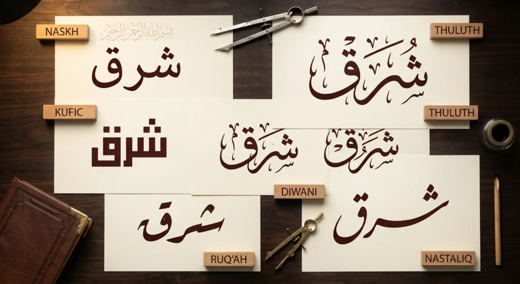 The same Arabic word written in six calligraphy styles for comparison.