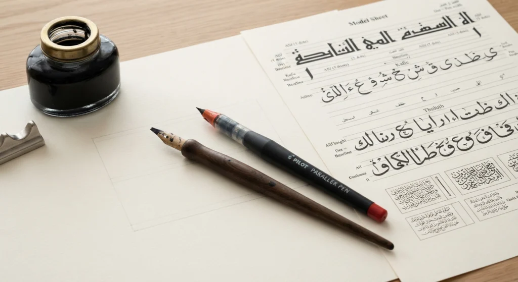 Beginner's Arabic calligraphy setup with a flat-edged pen, ink, and practice sheet.