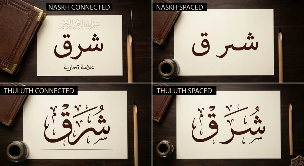 Correct connected Arabic letters beside an incorrect spaced-out version.