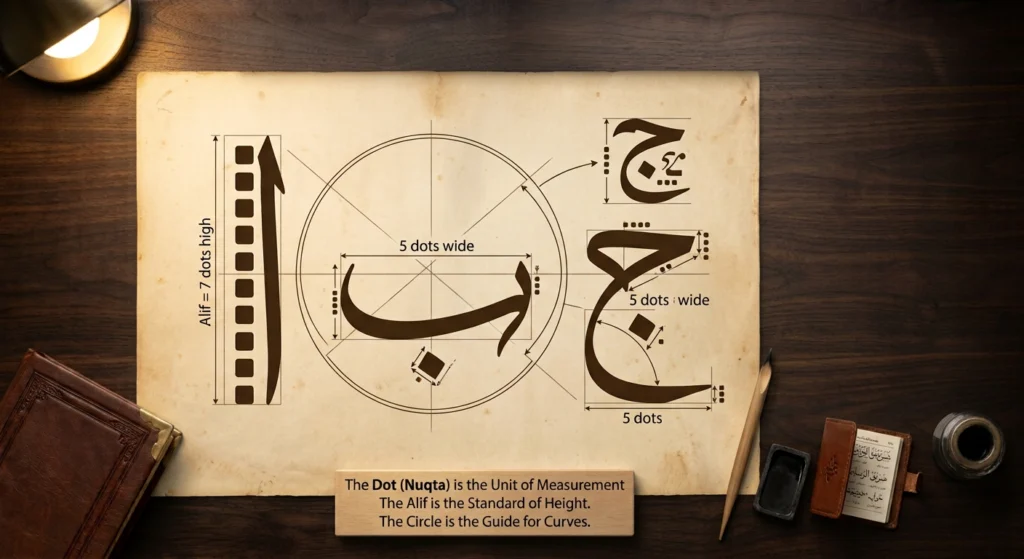 Diagram of Ibn Muqla's proportioned script using dots and a circle.