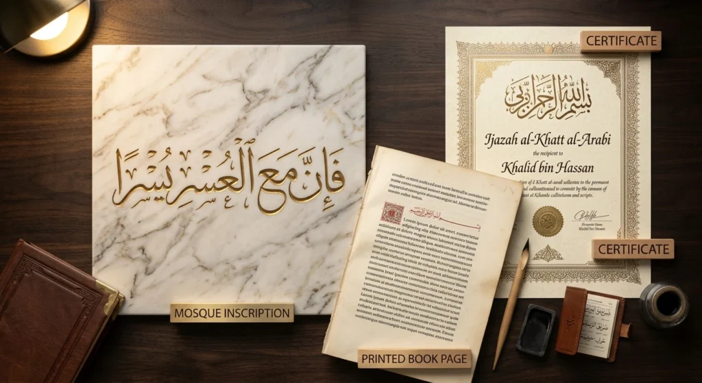 Examples of Arabic calligraphy styles in architecture, books, and certificates.