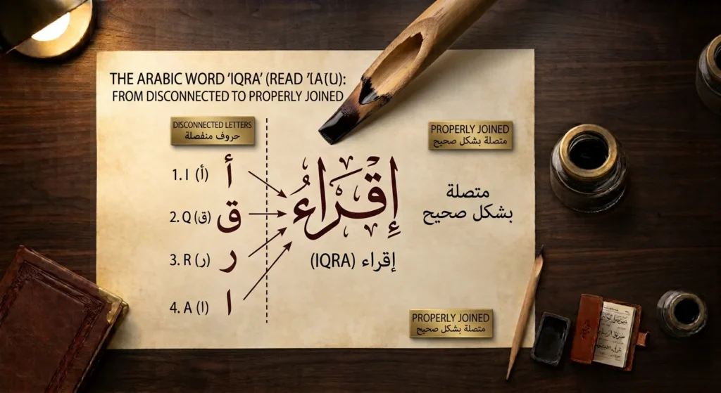 Arabic text with broken letter joins compared to correct shaping.