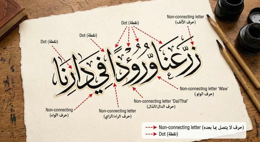 Arabic calligraphy with dots and letter joins highlighted for proofreading.