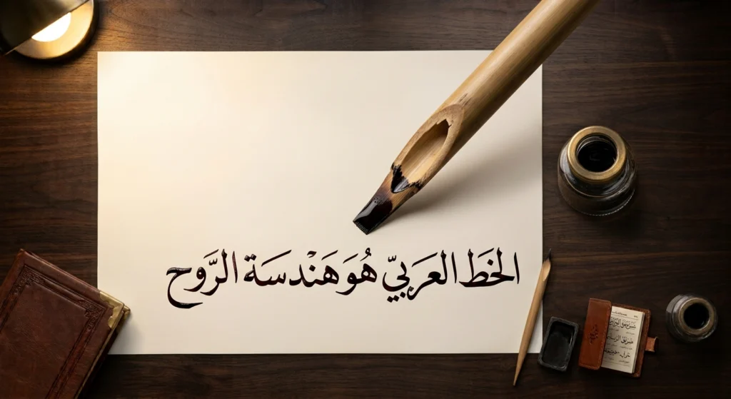 Reed qalam pen and ink used in traditional Arabic calligraphy.