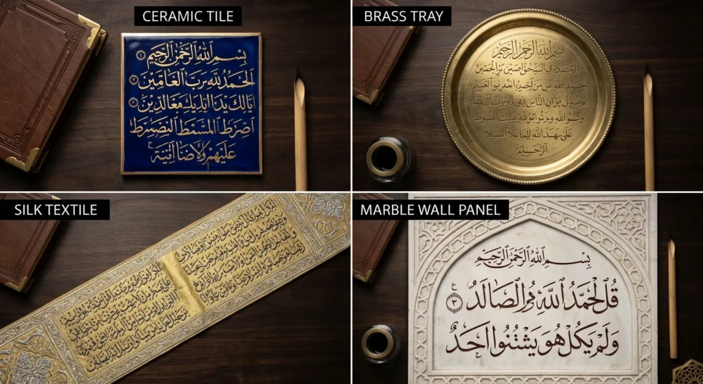 Arabic calligraphy on tile, metalwork, textile, and mosque architecture.