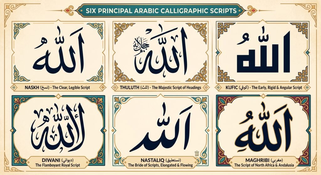 Same Arabic word written in six calligraphy styles: Naskh, Thuluth, Kufic, Diwani, Nastaliq, and Maghribi.