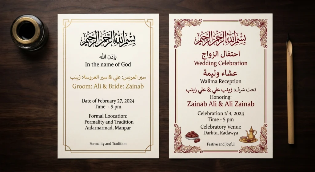 Side-by-side Nikah and Walima invitation layouts with Arabic calligraphy and English details.