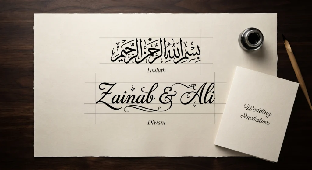 Muslim wedding invitation with Bismillah in Thuluth calligraphy and couple's names in Diwani.